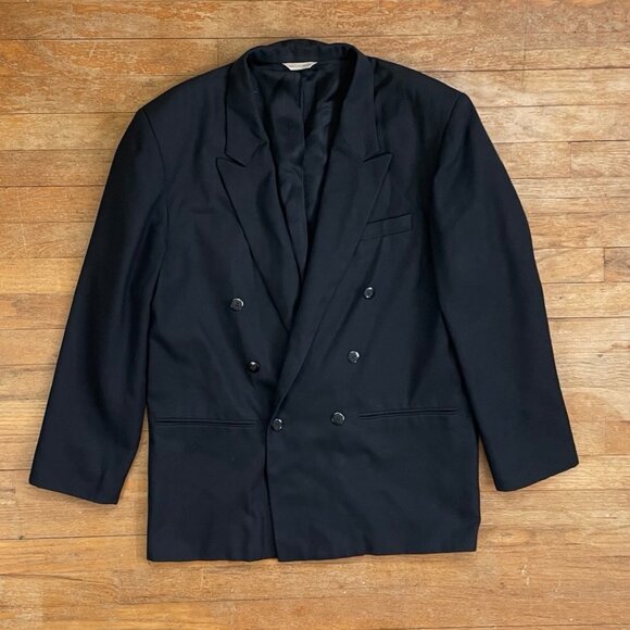 Vintage Mens Double Breasted Blazer Size 44R 1990s Black Crepe Sport Coat Jacket